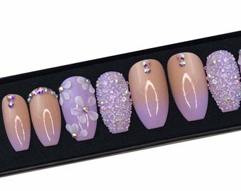 Lilac Purple Nails, Handmade Lavender Ombre Nails, 3D Flowers Short Coffin Press On Nails