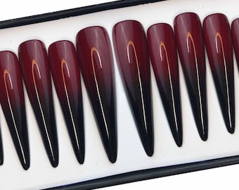 Black Burgundy Ombre Press On Nails: Handmade Long Stiletto