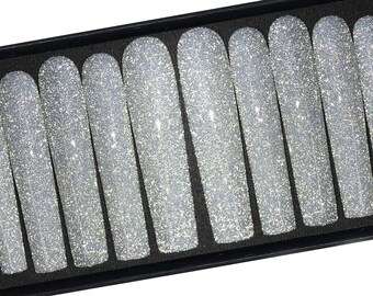 Shiny Nails, Silver Glitter press on nails, Almond Fake Nails