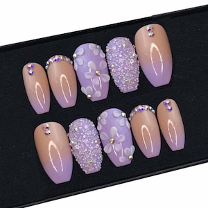 Light Purple Press On Nails, Lilac 3D Flower Short Coffin Nail Set