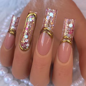 XXXL nails, Gold press on nails, Luxurious nails, 3d french nails, Chrome nails