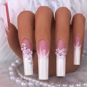 Long French Tip Press On Nails, White Pink Ombre with 3D Floral Design