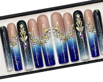 Handmade Ocean Press On Nails, Long Square Seashell Nails for Beach Vacation Look, Summer Nails