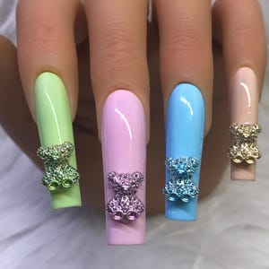 XXL Kawaii Press On Nails with Bear Charms, Pastel Long Fake Nails, Cute Y2K Soft Girl Nails, Reusable Harajuku Nail Set, N351