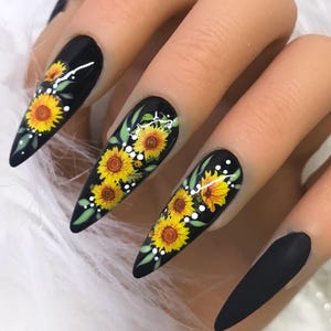 Sunflower Press On Nails, Handmade Yellow Floral Stiletto Nail Set