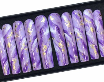 Hand Painted Purple Amethyst Marble Press On Nails, N320