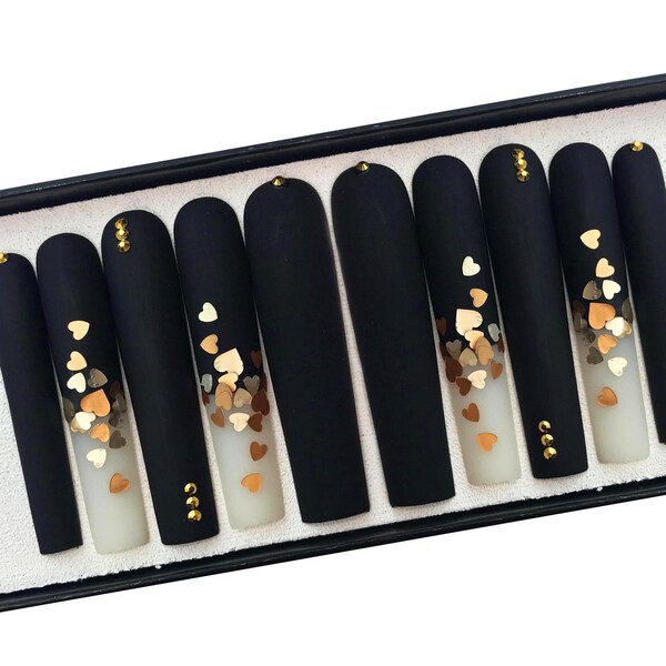 Long press on nails black and gold, Square nails, 3XL nails, Dark nails