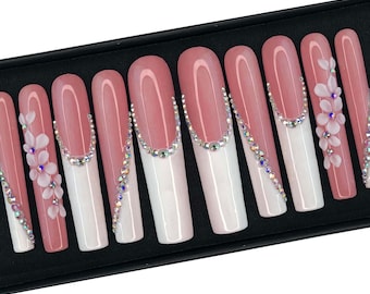 French Tip Press on Nails, French Nails With Design, Nails With Flowers and Rhinestones, Bling Nails, Luxury Press Ons, Wedding Nails