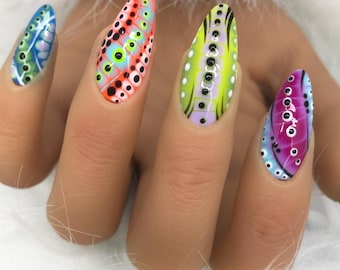 Freestyle Press On Nails, Medium Almond Abstract Dot Nails, Y2k Nails, Dotted Nails, Insect Bug Art