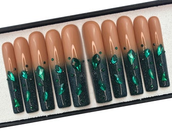 Emerald green press on nails, Bling nails, Reflective nails