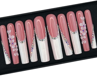 XXL Square Bling French Tip Press On Nails, Luxury Rhinestone Wedding Nails, Fake Nails with Crystals, Custom Nail Set