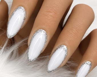 Milky White French Tip Press On Nails | Silver Glitter Outline Nails | Elegant Minimal Bridal Nails | Almond Shape Luxury Set