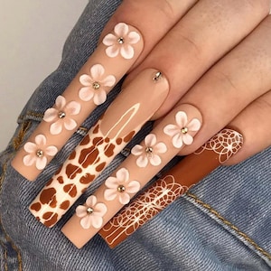 Cow press on nails, Cow nails, Festival nails, Coffin nails, Animal print nails