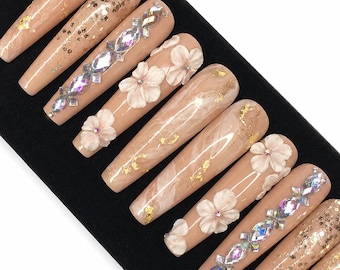 Handmade  Floral Press On Nails - 3D White Flower Design with Rinestones - Long Coffin Nails for Elegant Feminine Vibe