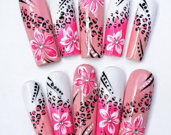Cute Pink Kawaii Nails/Handpainted Flower Nails/Pink Press on nails Long Square Nails/Y2k Nails/Holiday Nails