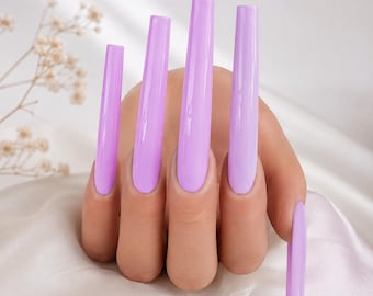 5XL Lilac Press On Nails, Extra Long Purple False Nails, Glossy Lavender Nail Set
