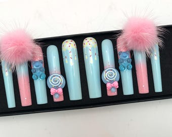 Blue Gummy Bear Press On Nails | 3D Jelly Candy Design | Kawaii Cute Nails | Y2K Fake Nails | Handmade Gel Set