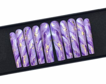 Purple marble press on nails, fake nails short almond, reusable glue on nails gel finish, faux nails luxury handmade, pressons set