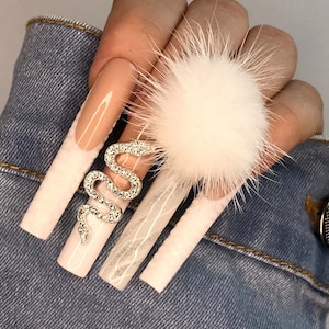 XXL Press on nails long square, birthday nails, Snake nails, Pom pom