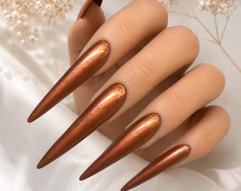 Brown Chrome Press On Nails, Fall Nails, Long Stiletto Nails, Metallic Copper Nails, Bronze Nails, Autumn Nails