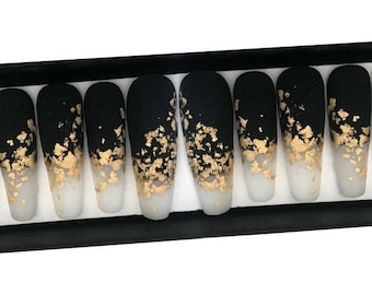 Medium press on nails coffin, Black and gold abstract nails