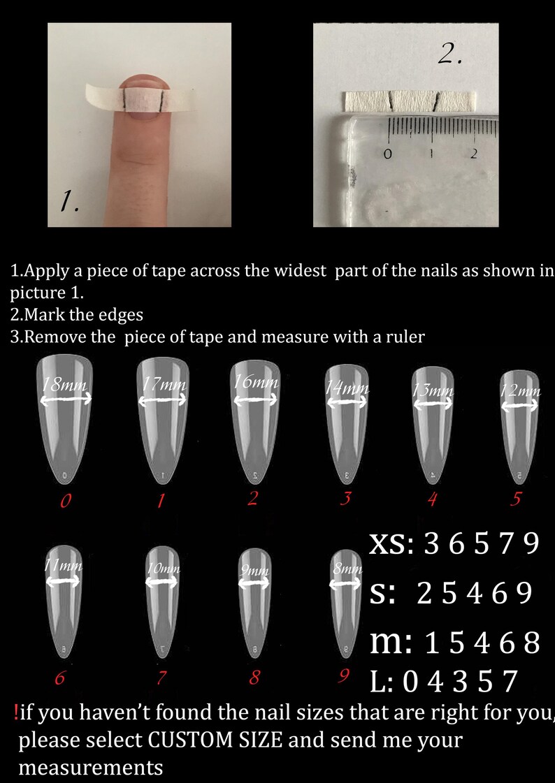 Puede incluir: Instrucciones para medir las u&ntilde;as para u&ntilde;as postizas personalizadas. La imagen muestra una regla y un conjunto de diez u&ntilde;as acr&iacute;licas transparentes con medidas en mil&iacute;metros. El texto dice: "XS: 3 6 5 7 9, S: 2 5 4 6 9, m: 1 5 4 6 8, L: 0 4 3 5 7". Si no has encontrado los tama&ntilde;os de u&ntilde;as que te van bien, selecciona TAMA&Ntilde;O PERSONALIZADO y env&iacute;ame tus medidas.