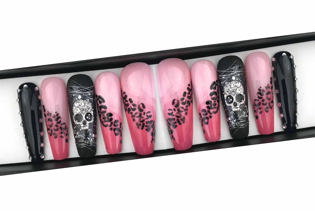 Emo Press on Nails, Pink Black Nails, Scull Nails, Punk Nails - Etsy