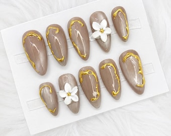 Handmade Gold Cat Eye Press On Nails, Luxury Statement Nails, Liquid Chrome Abstract Nail Art, Medium Long Short XXXL Custom