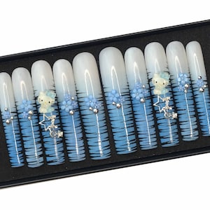 Y2K press on nails blue, Mcbling nails, Kawaii junk nails