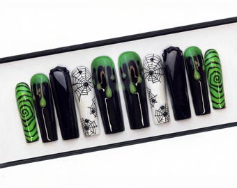 Green Black Press On Nails, Spider Web Stiletto Nails, Gothic Inspired False Nails, Drip Horror Nail Set
