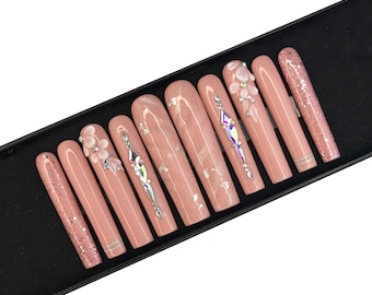 Pink Press On Nails Long Coffin | 3D Flower Nails | Nude Glue On Nails | Luxury Bling Nails | Handmade Reusable False Nails