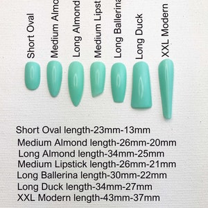May include: Seven different nail shapes, including short oval, medium almond, long almond, medium lipstick, long ballerina, long duck, and XXL modern. Each shape is shown with its corresponding length in millimeters.