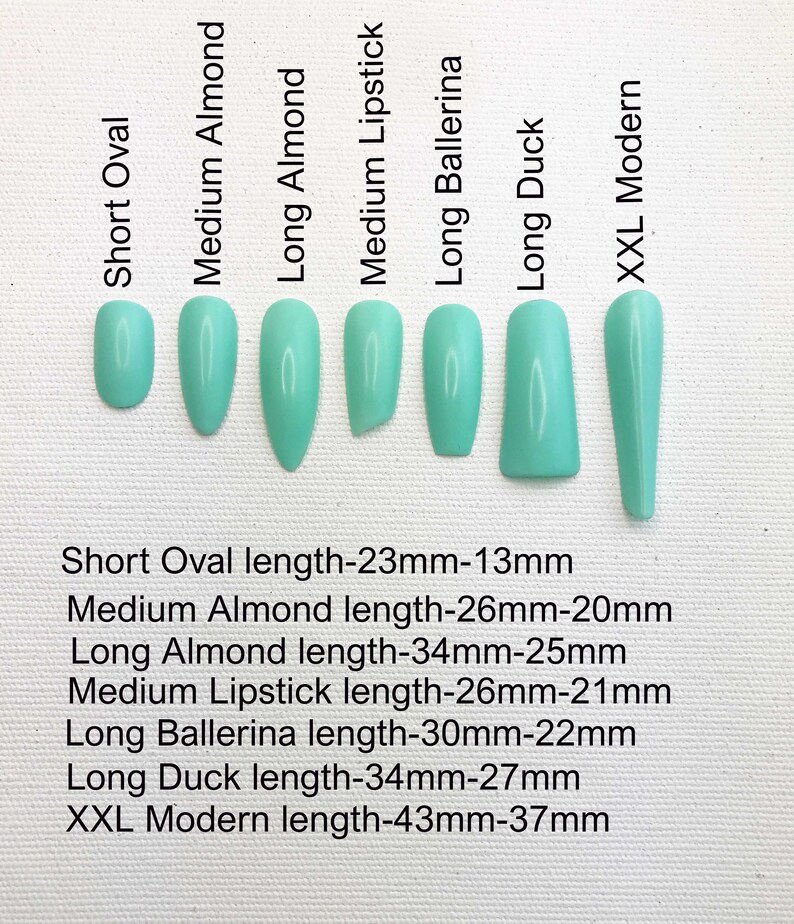 May include: Seven different nail shapes, including short oval, medium almond, long almond, medium lipstick, long ballerina, long duck, and XXL modern. Each shape is shown with its corresponding length in millimeters.