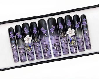 Purple Gradient Press On Nails, Purple Ombre Nails, Lavender Almond Fake Nails, Handmade Reusable Glue On Nails, Glossy Purple Nail Set