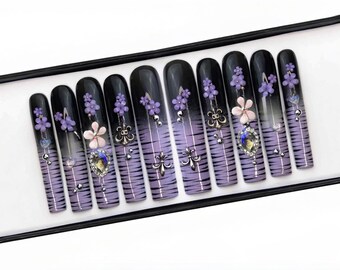 Y2k Black And Purple Nails: Dark Kawaii Nail Set