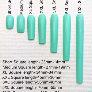 May include: A set of ten turquoise square-shaped false nails in different sizes. The nails are arranged from smallest to largest, with the smallest nail measuring 23mm-14mm and the largest nail measuring 100mm-85mm.