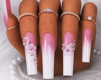 Handmade Ombre Press On Nails: Custom & Acrylic Flower Nails