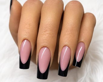 Black French Press On Nails, Medium Square Nails, Reusable Fake Nails, Square Press Ons, Minimalist Nails, Old Money Nail Set