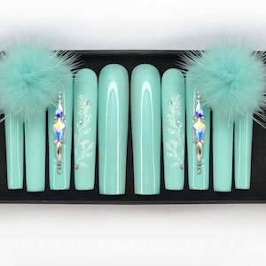Mint Coffin Press On Nails with Rhinestones & Pom Poms – Soft Glam Pastel Nail Set – Handmade Girly Fake Nails – Y2K Aesthetic