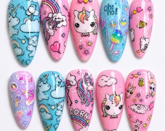Unicorn Press On Nails: Handmade Fantasy Rainbow, Stars, Pastel Almond Shape, Princess Fairycore Vibes