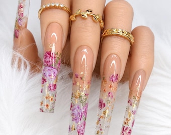 Hand Painted Press On Nails Ombre Floral, Gold Foil Nails, Reusable Long Coffin Nails, Spring Summer Flower Nails