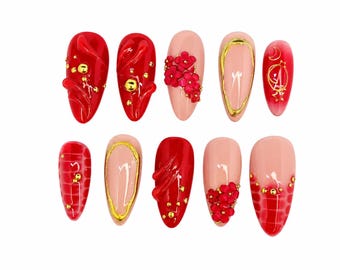 Red Press Ons Almond Nails, 3D Liquid Chrome Cat Eye Press On Nails, Custom Nails