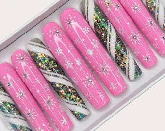 Pink Christmas Press On Nails, Coquette Holiday Nails, Cute Xmas Nails, Girly Winter Manicure, Handmade False Nails, Christmas Gift