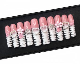 Pink Press On Nails, Zebra French Tip Nails, 3D Flower Nails, Pearl Heart Nails, Cute Glam False Nails, Reusable Handmade Nail, Gift for Her