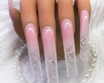 Milky Pink Ombre Press On Nails, Natural Blush Pink Gradient, Shattered Glass Tips, Soft Pink Fake Nails, Glass Effect Manicure