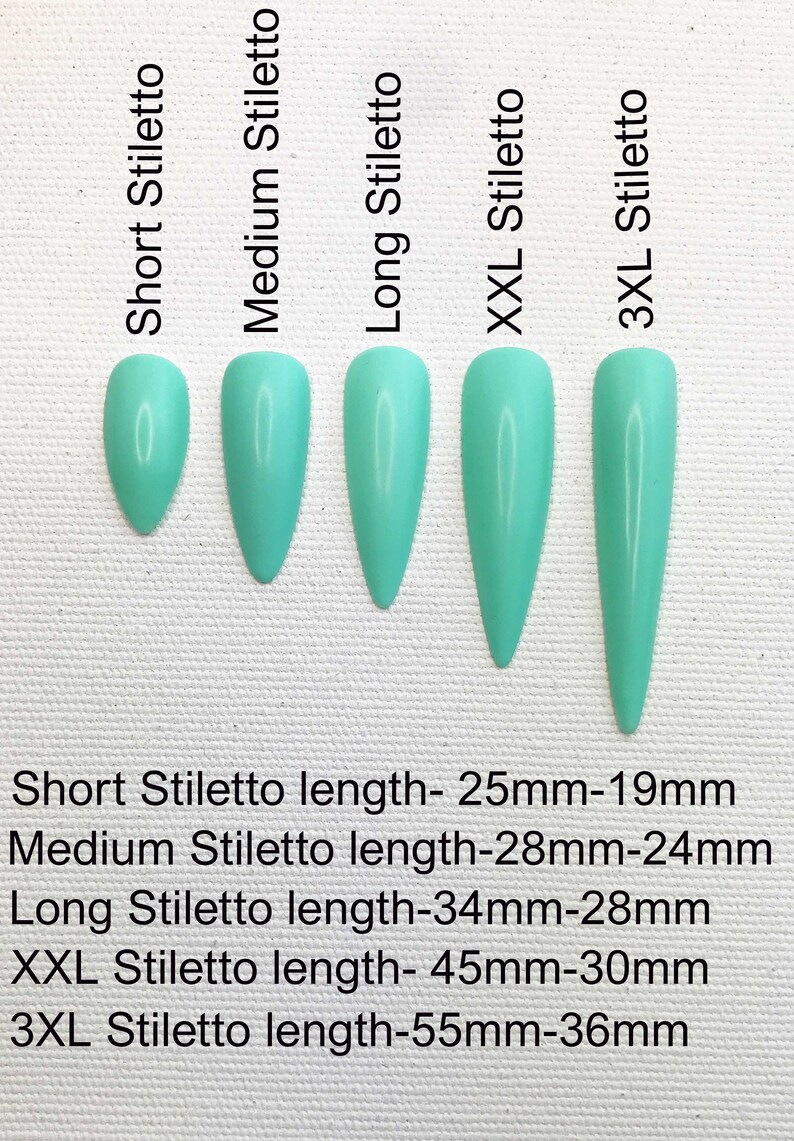 May include: Five turquoise stiletto nail tips in different lengths. Short Stiletto length- 25mm-19mm. Medium Stiletto length-28mm-24mm. Long Stiletto length-34mm-28mm. XXL Stiletto length- 45mm-30mm. 3XL Stiletto length-55mm-36mm.
