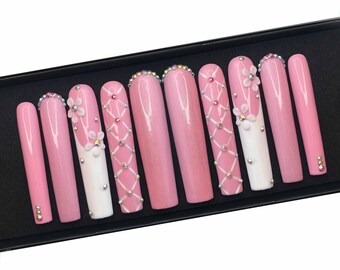 Pink Glitter Press On Nails XXL Long Coffin 3D Flower Rhinestone Nails Luxury Bling Kawaii Nails Handmade Set, Princess Nails