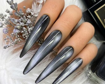 Silver Magnetic Cat Eye Press On Nails, Grey Stiletto Long Nails, Luxury Fake Nails, Shimmer Velvet Gel Glue On Nails, Gothic False Nails