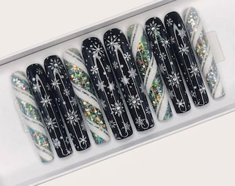 Black Snowflake Press On Nails, Winter Nails, Christmas Nail Set, Gothic Holiday Nails, Handmade Reusable Fake Nails, New Year Manicure