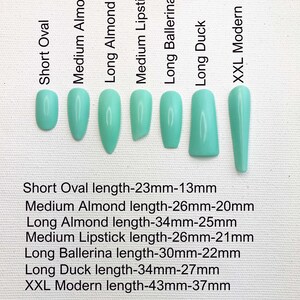 Puede incluir: Siete formas de u&ntilde;as diferentes, incluyendo ovalada corta, almendra mediana, almendra larga, labial mediano, bailarina larga, pato largo y XXL moderna. Cada forma se muestra en un color turquesa claro y est&aacute; etiquetada con su nombre y sus medidas de longitud en mil&iacute;metros.